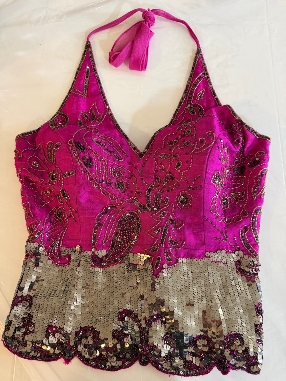 Fuchsia Beaded Sequin Halter Tank Top
Silk 100%
